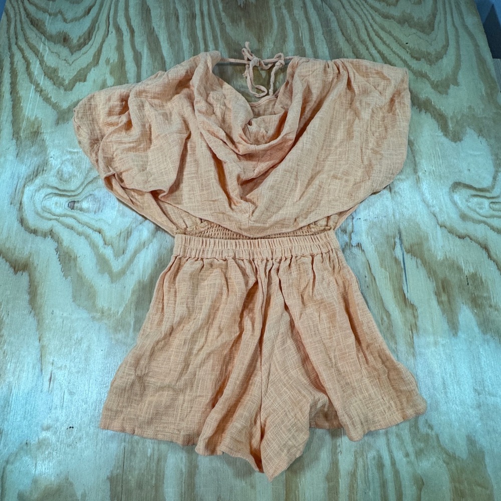 Y2K Free People Pietro Romper Orange Smocked Waist Cowl Back XS Boho Cottagecore - Picture 5 of 7